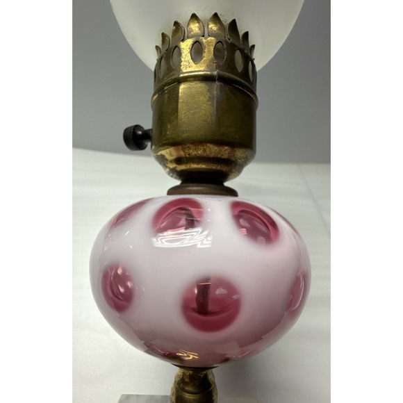 Vtg Fenton Cranberry Coin Dot Opalescent Marble Base Lamp Electric Marble Base - Picture 15 of 16